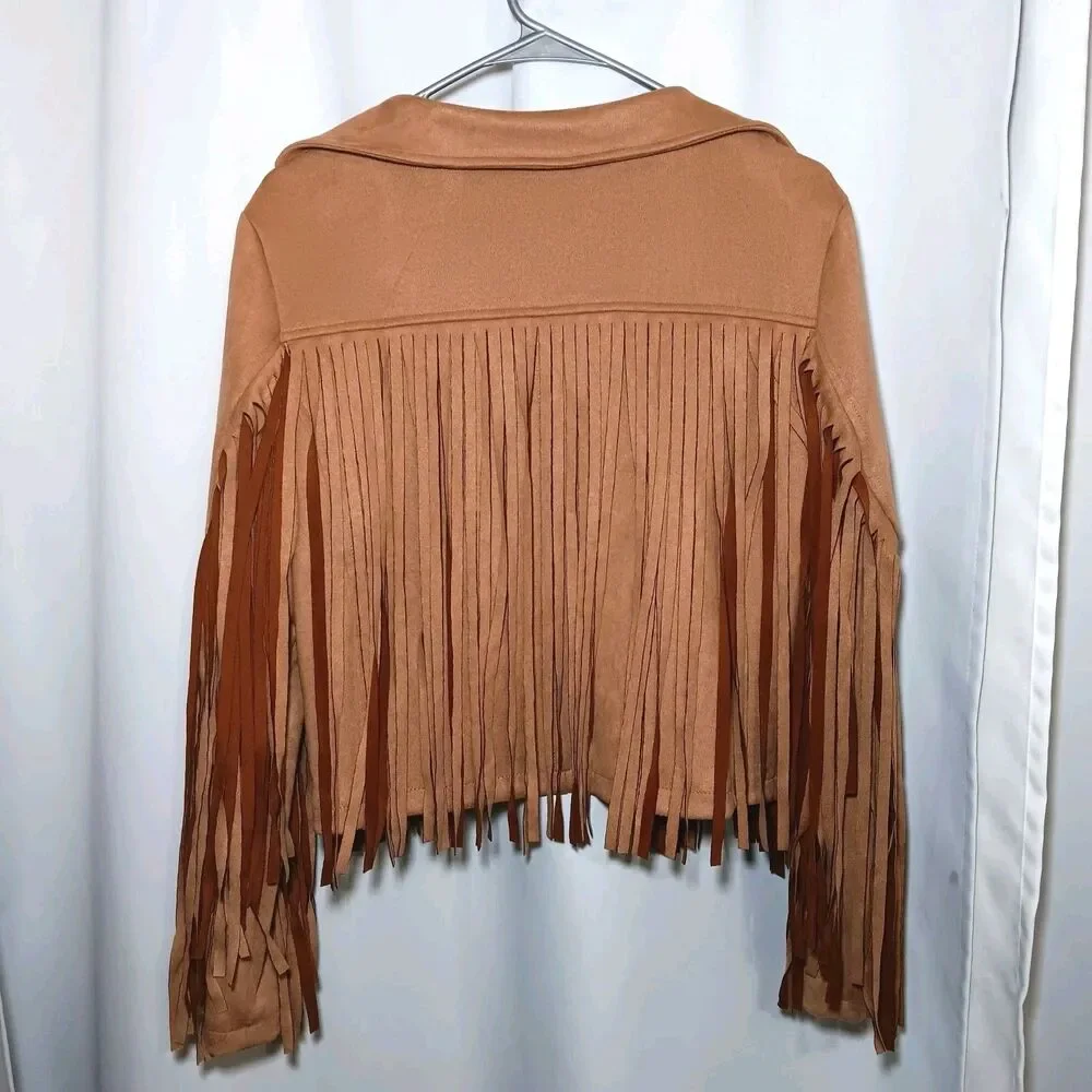 NWT Chartou Faux Suede Camel Color Jacket Sz M Cropped Fringe Open Front - Picture 5 of 10